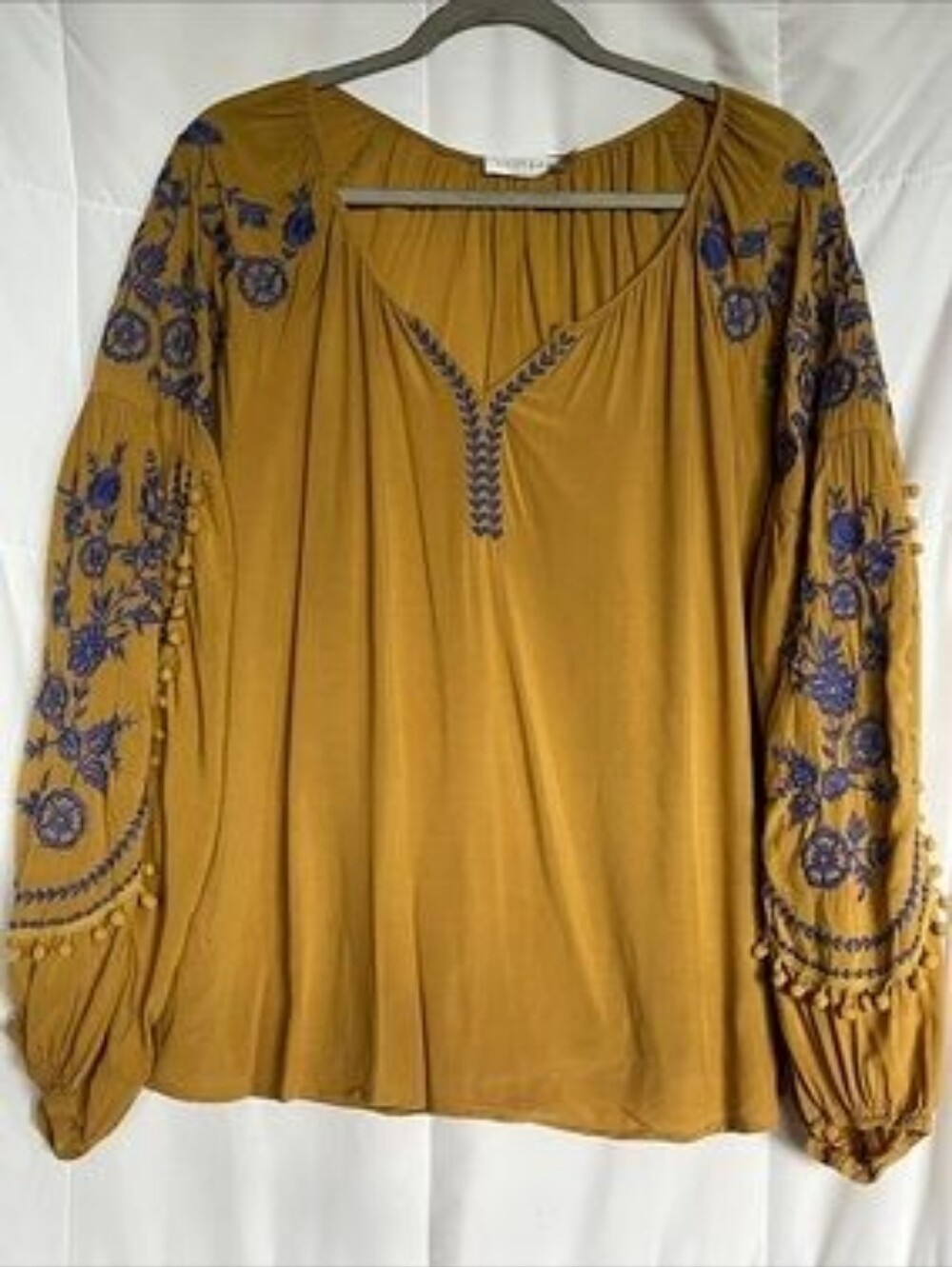 Solitaire Mustard Yellow Embroidered Peasant Blouse